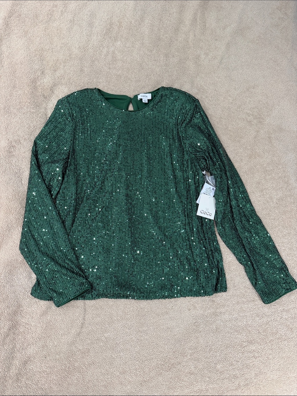 CeCe Dark Green Sequin Long-Sleeve Top